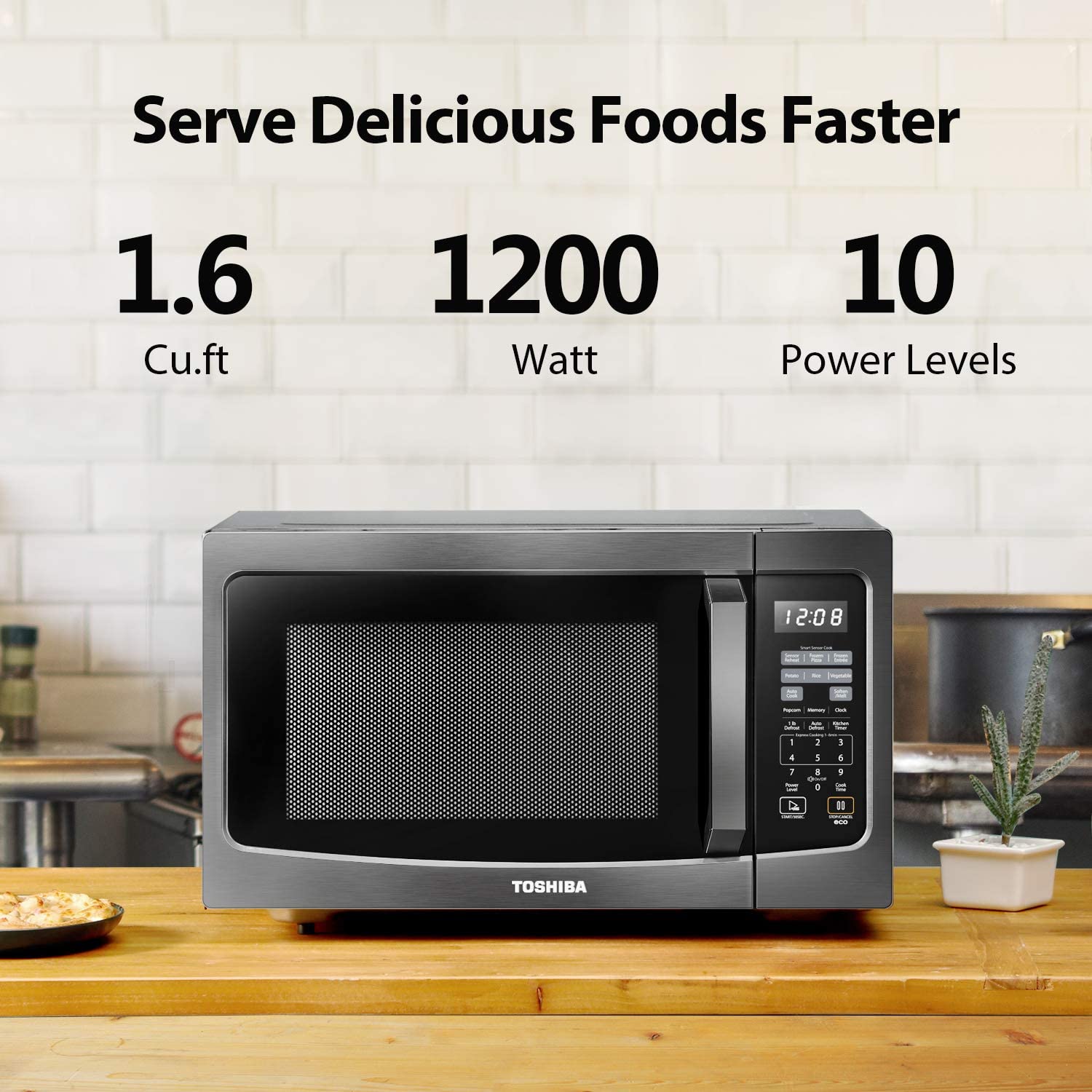 Toshiba ML-EM45P(BS) Countertop Microwave oven with Smart Sensor, Sound on/off Function and Position Memory Turntable, 1.6 Cu.ft, Black Stainless Steel