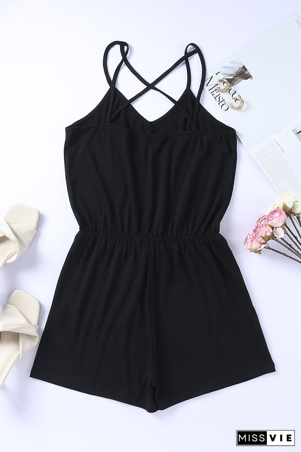 Black Spaghetti Straps V Neck Crisscross Back Romper