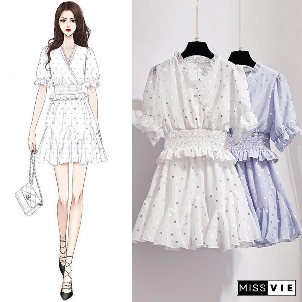 Sweety Chiffon Polka Dot Blouses+Skirt P15846