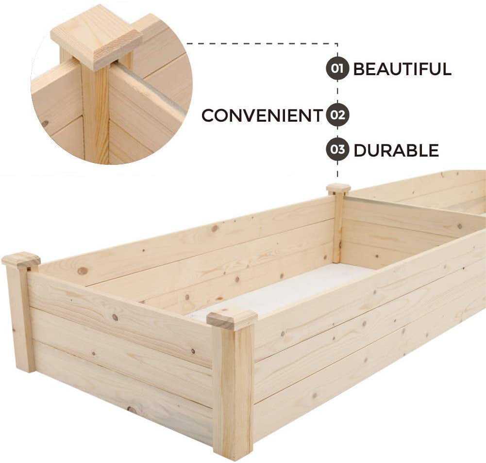 SOLAURA 96x24x10in Outdoor Wooden Raised Garden Bed Planter for Vegetables, Grass, Lawn, Yard - Natural