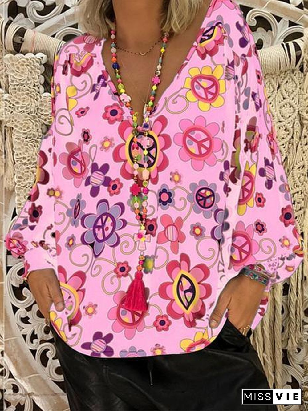 Women Loose Slim V-neck Print Puff Sleeve Long Sleeve T-shirt Tops