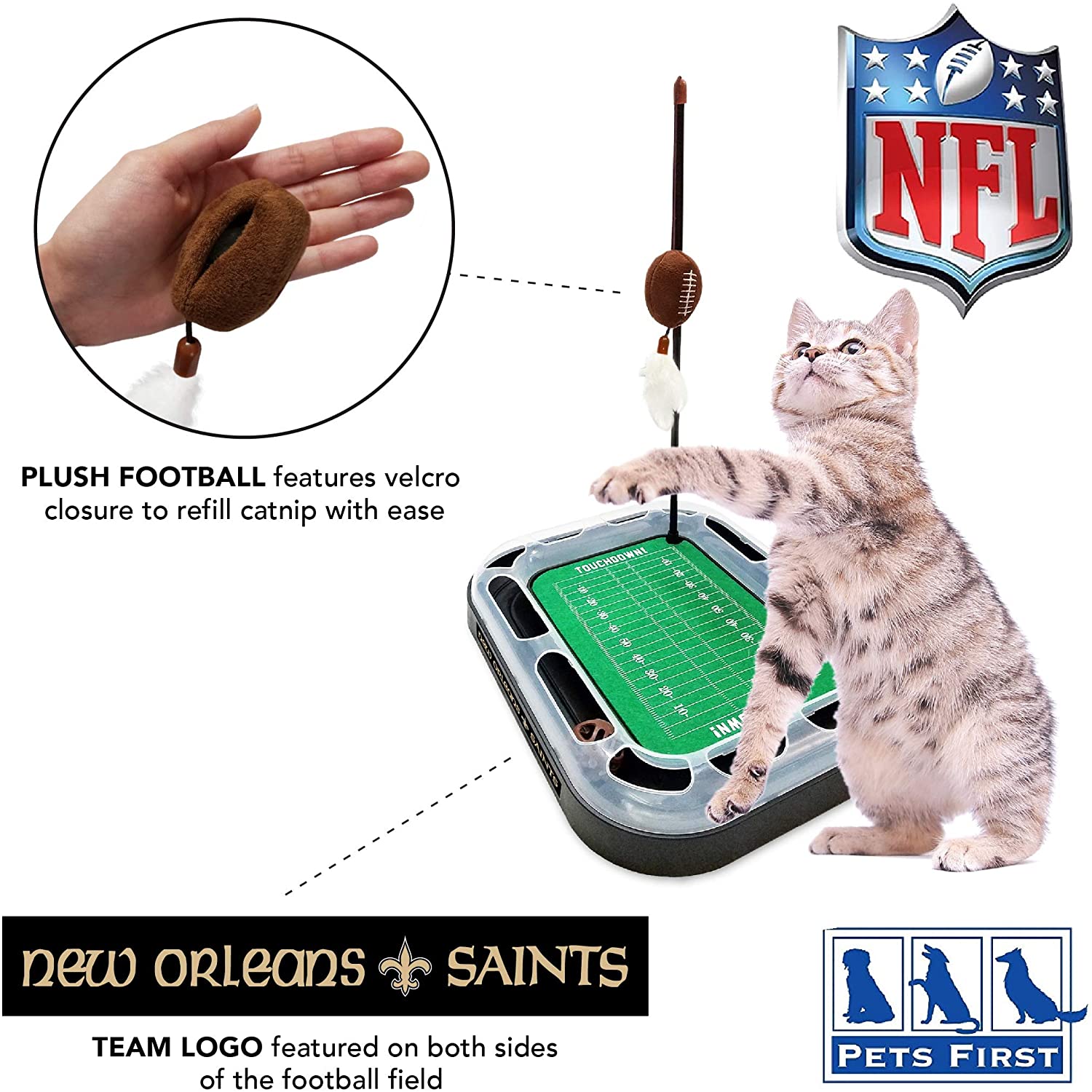 NFL New Orleans Saints CAT Scratcher Toy with Catnip Plush and Feather Cat and Kitty Toy