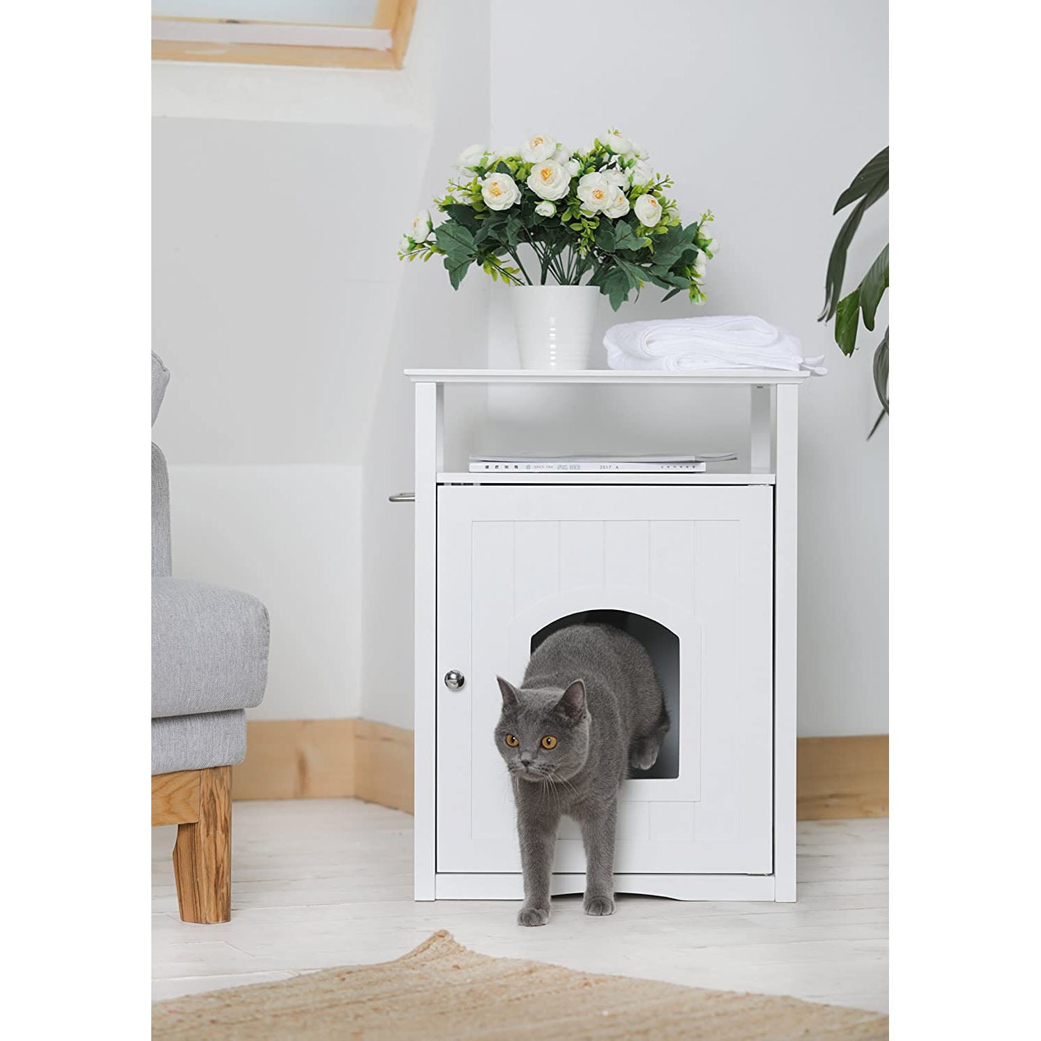 Merry Products Cat Washroom Litter Box Cover， Night Stand Pet House， White