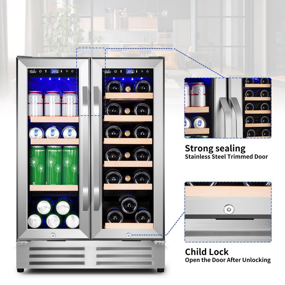 Velivi 24 in.Dual Zone 18-Wine Bottles and 88-Can Built-In and Freestanding with French Door Beverage Cooler in Stainless Steel KMYL120HD