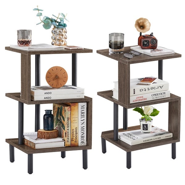 3-Tier Side Table Set of 2 Tall End Table with Storage Rack