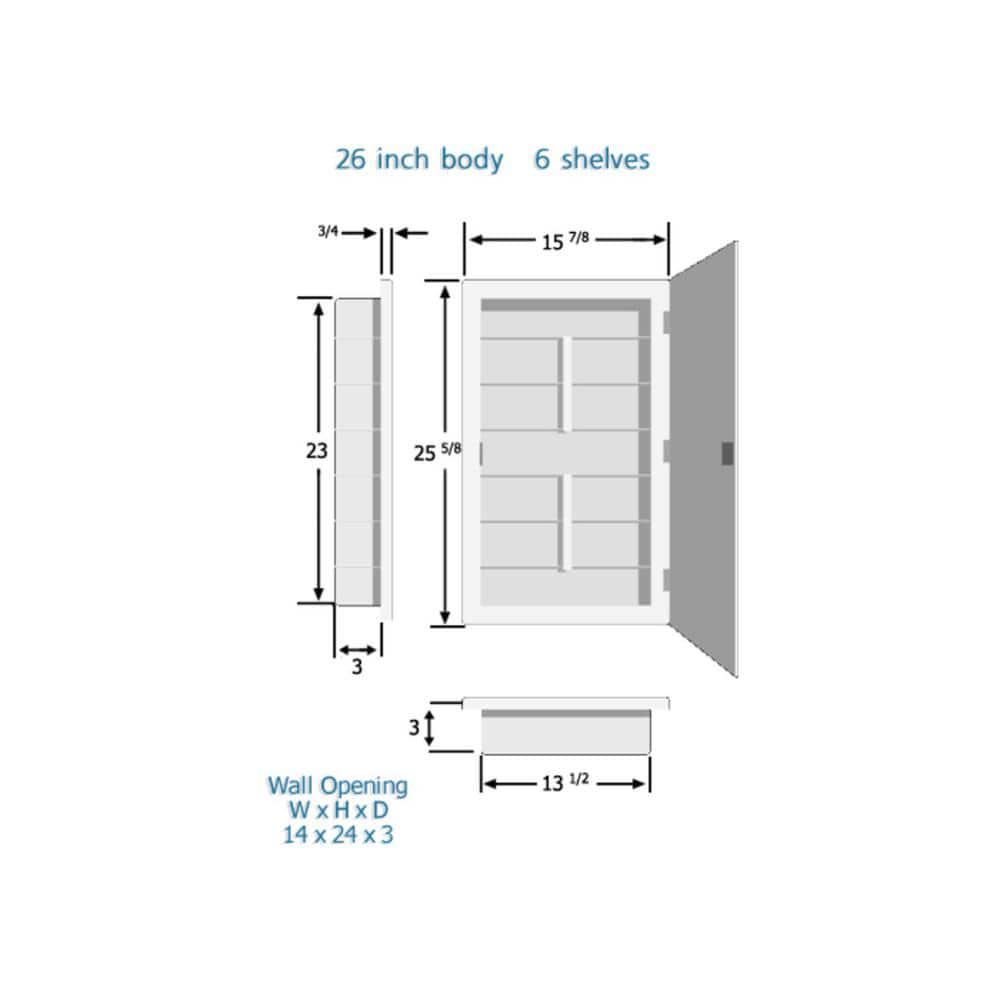 Glacier Bay Spacecab 16 in x 26 in x 312 in Frameless Recessed 1Door Medicine Cabinet with 6Shelves and Beveled Edge Mirror