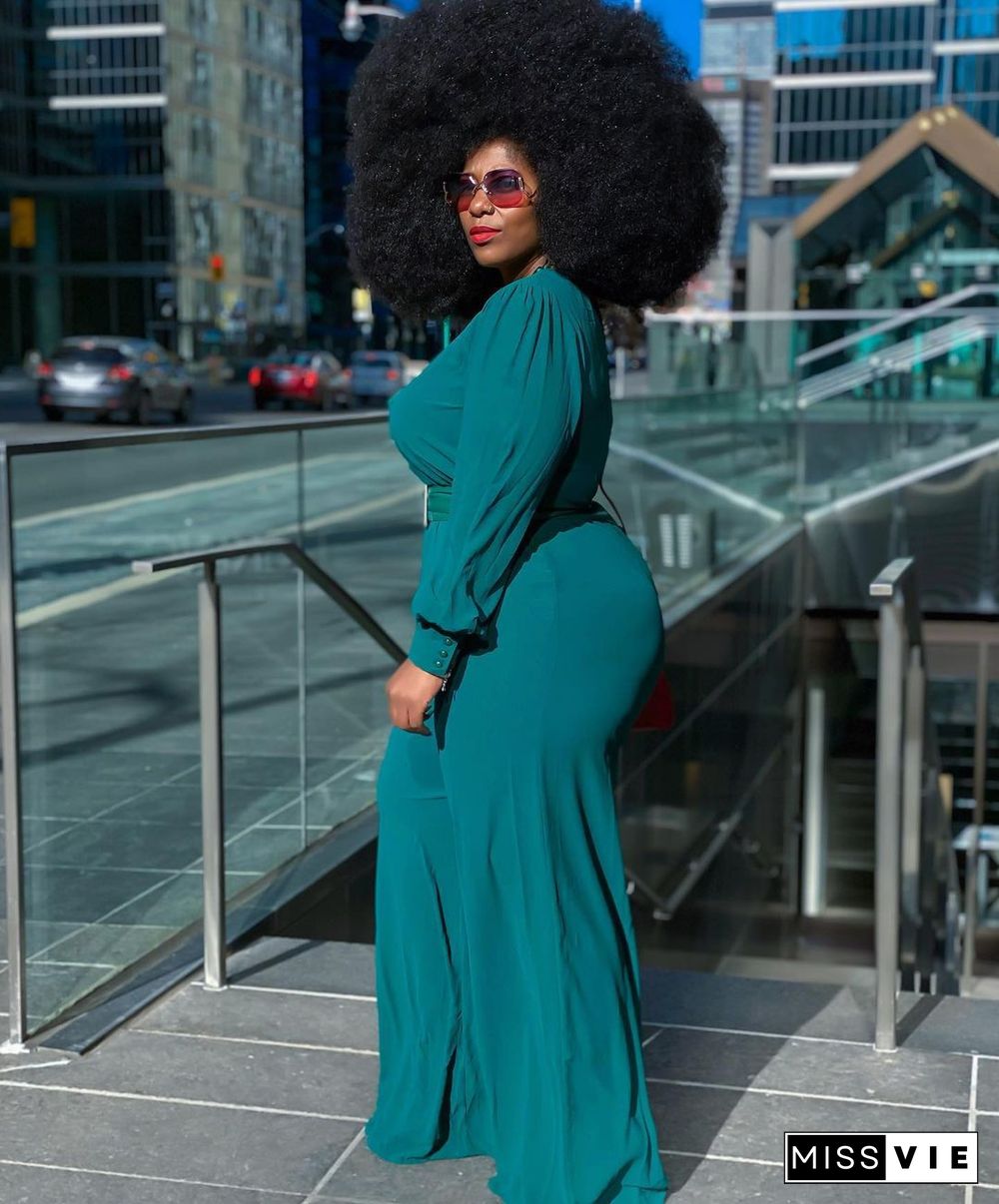 Long Sleeve V-neck Plus Size Wide Leg Jumpsuit