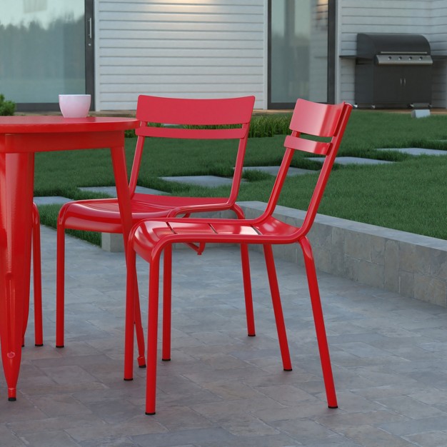 Emma And Oliver Armless Powder Coated Steel Stacking Dining Chair With 2 Slat Back For Indoor outdoor Use