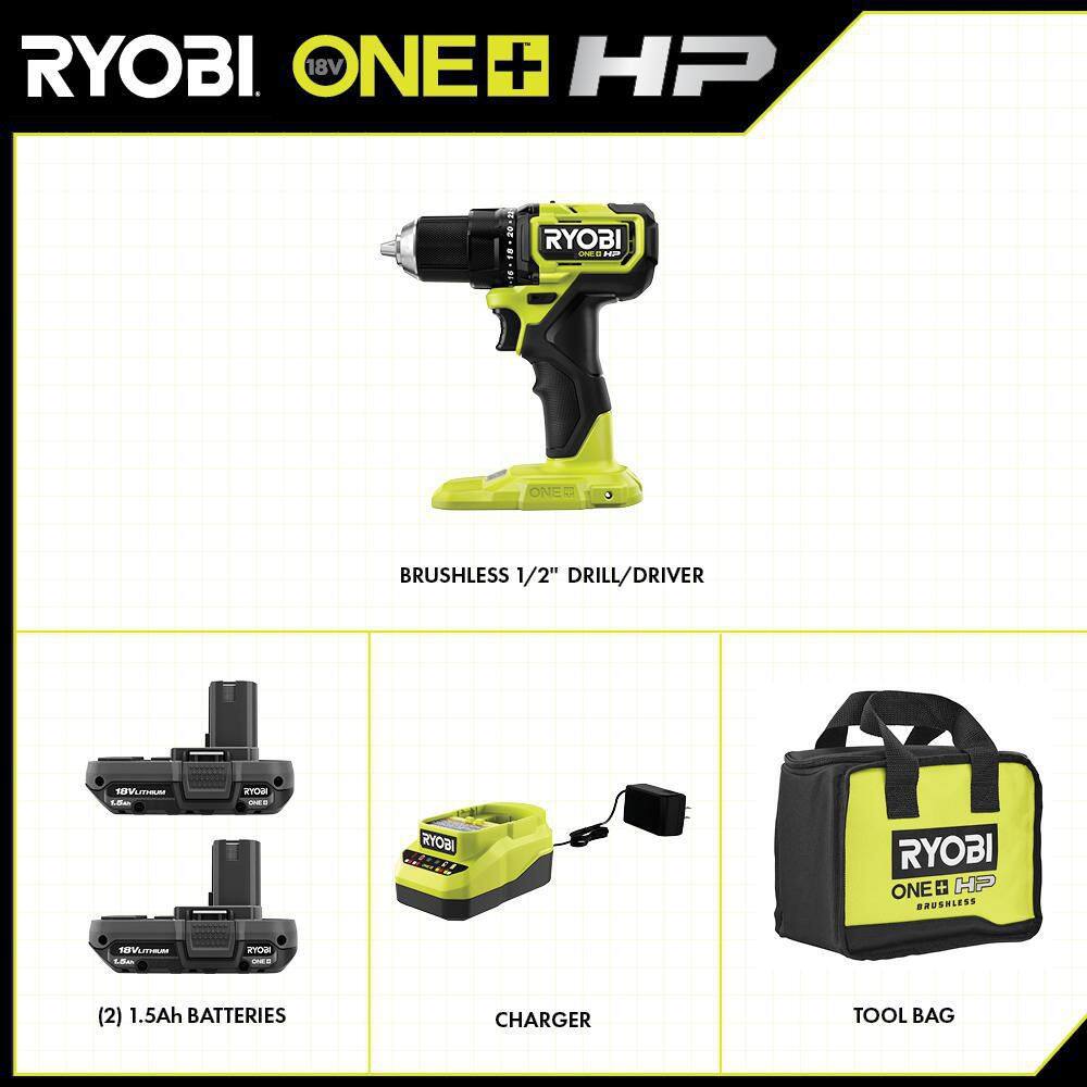 RYOBI ONE+ HP 18V Brushless Cordless Compact 12 in. DrillDriver Kit with (2) 1.5 Ah Batteries Charger and Bag PSBDD01K