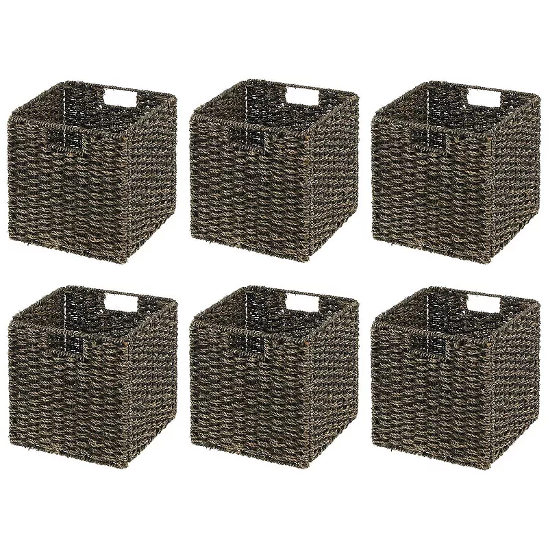 mDesign Seagrass Woven Cube Bin Basket Organizer， Handles， 4 Pack