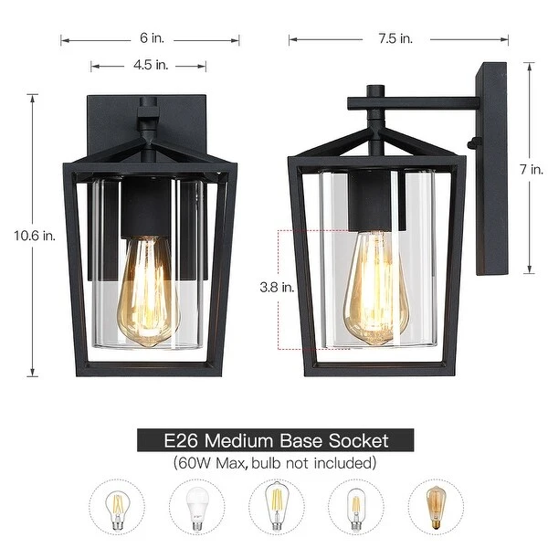 Black Outdoor Wall Lantern Sconce Light with Clear Glass Shade - 10.6