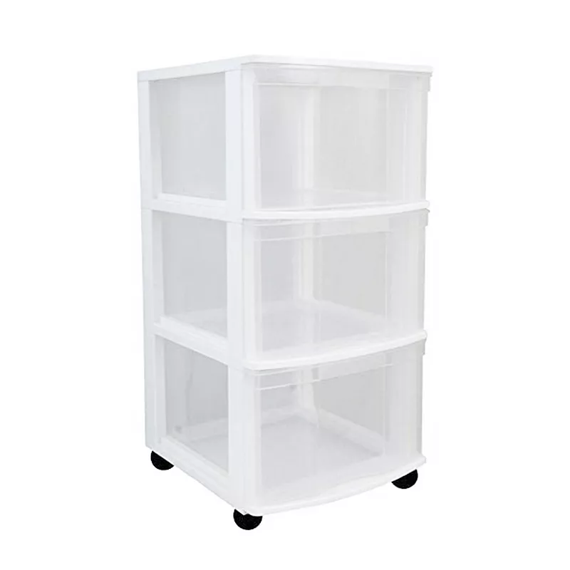 Gracious Living Clear 3 Drawer Storage Chest System with Casters， White (2 Pack)