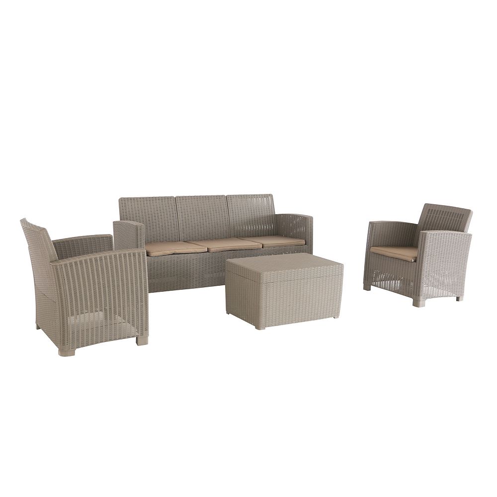 Dukap Alta Faux Rattan All Weather Couch， Chair and Coffee Table 4-piece Set