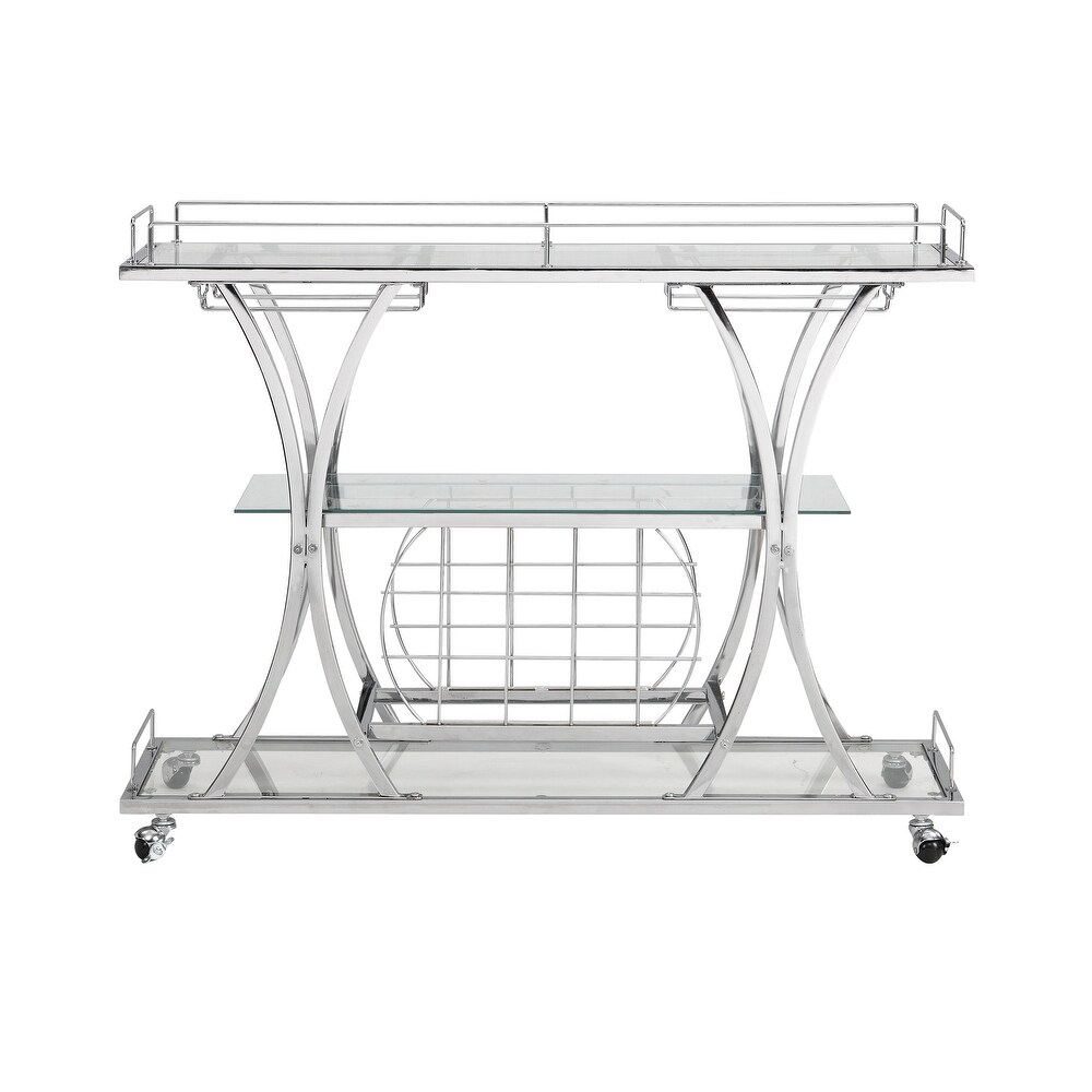 Contemporary Chrome Bar Cart with Wine Rack Silver