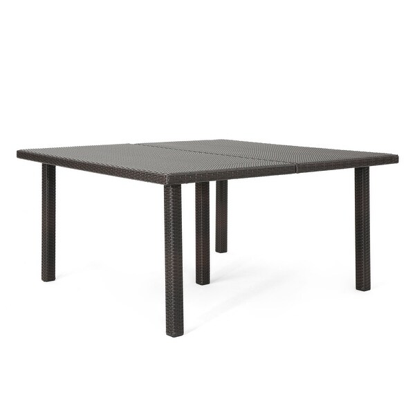 Outdoor 64 Inch Square Dining Table with Wicker Pulled Over an Iron Frame