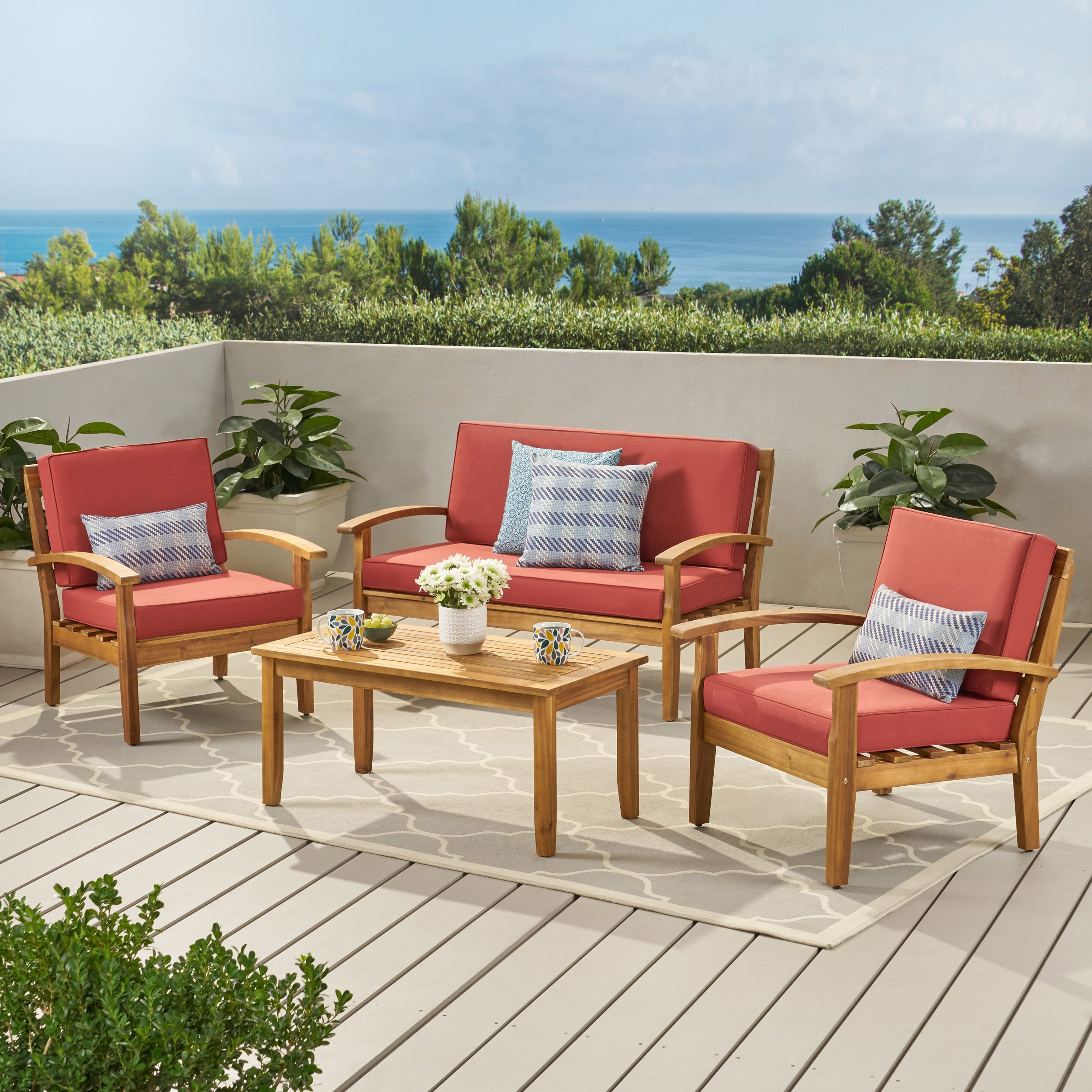 Peyton 4 Pc Acacia Wood Chat Set w/ Water Resistant Cushions