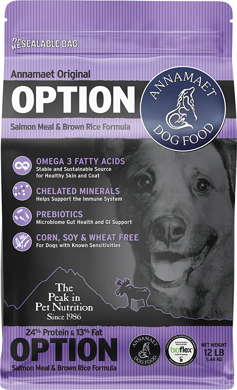 Annamaet Original Option Formula Dry Dog Food 24% Protein (Salmon and Brown Rice) 12-lb Bag