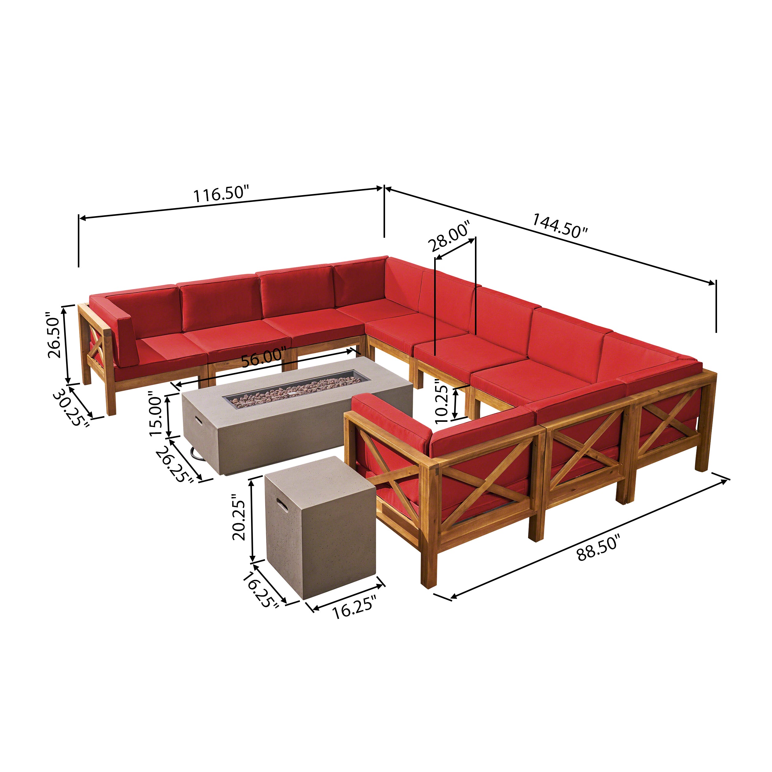 Cynthia Outdoor Acacia Wood 10 Pieces U-Shaped Sectional Sofa Set with Fire Pit