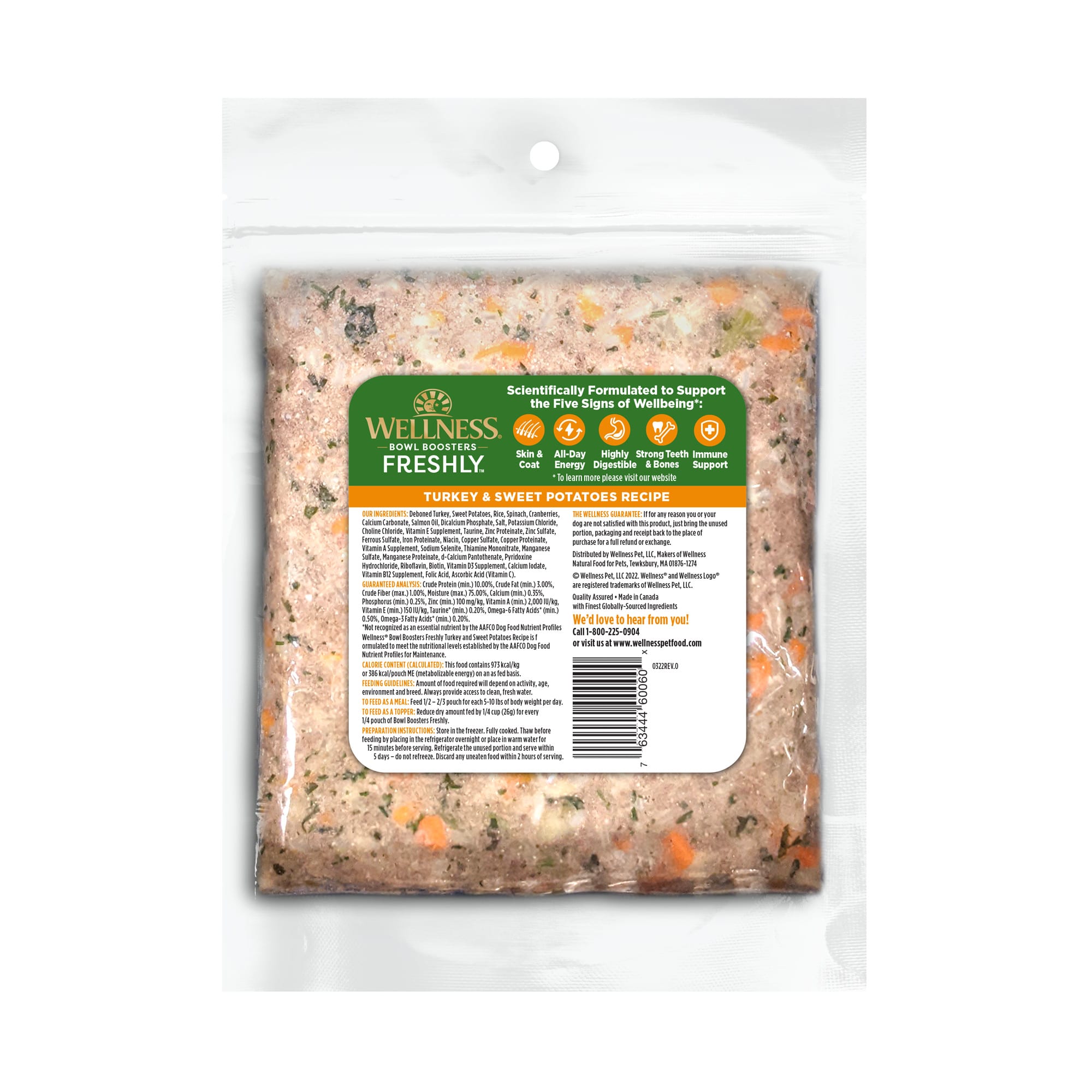 Wellness Freshly Bowl Boosters Turkey  Sweet Potatoes Frozen Fresh Dog Food， 14 oz.