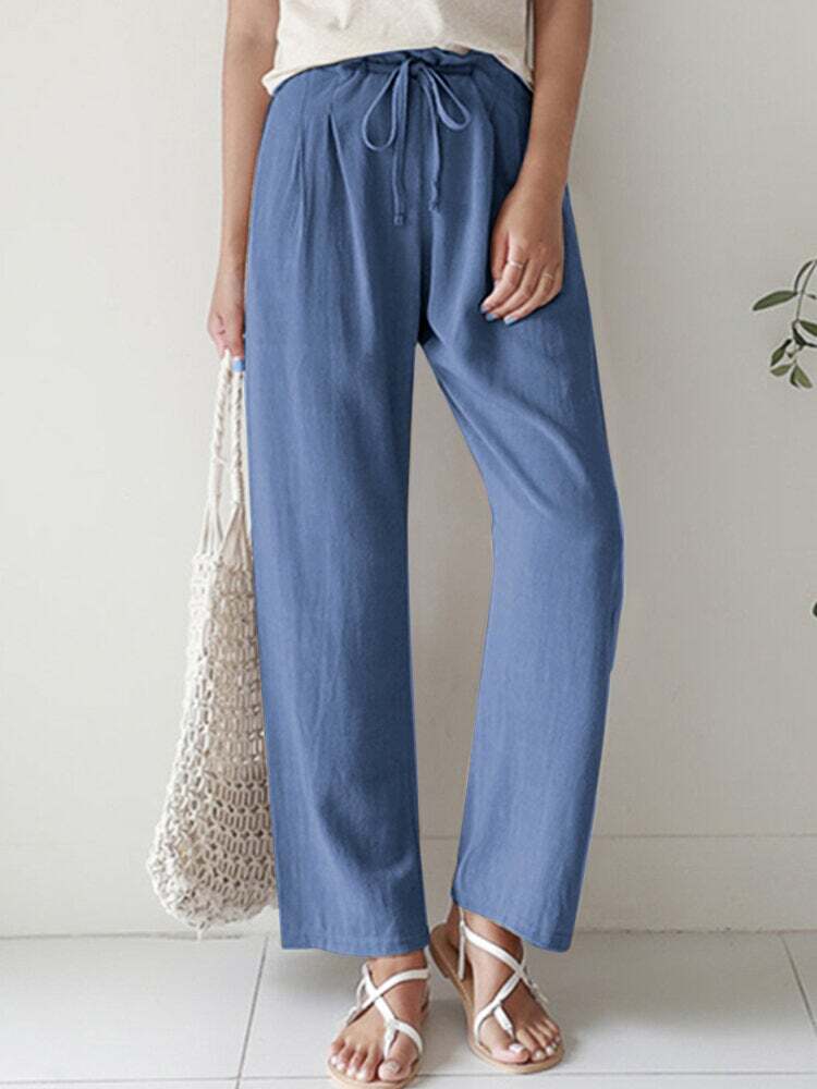 New Casual Ladies Solid Color Straight Leg Elastic Waist Cotton Linen Pants Women's Clothing