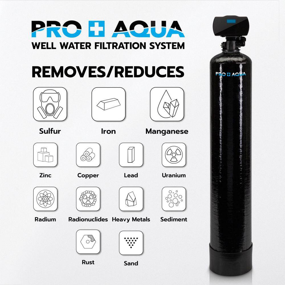 PRO+AQUA Whole House Well Water Filtration System Filters Iron Sulfur Manganese and More 1 in. Digital Valve 1 cu. ft. PRO-WELL-1E