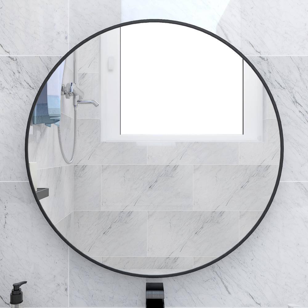 tunuo 24 in. W x 24 in. H Round Metal Framed Wall Bathroom Vanity Mirror in Black SF-WM2424B