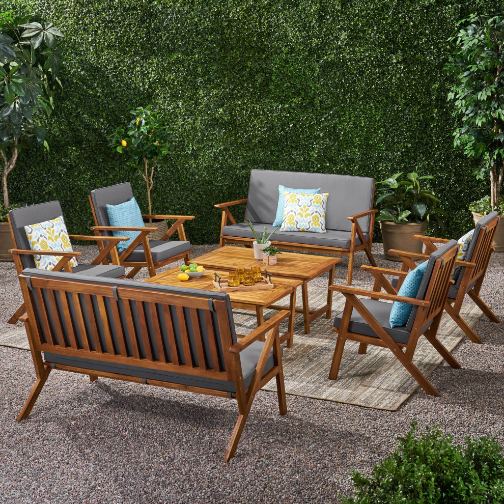 Heath Outdoor 8 Seater Acacia Wood Chat Set With Coffee Table   Midcentury   Outdoor Lounge Sets   by GDFStudio  Houzz