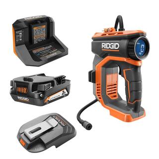 RIDGID 18V High Pressure Portable Inflator Kit with 2.0 Ah Battery Charger and USB Portable Power Source with Activate Button R87044KN-AC86072B