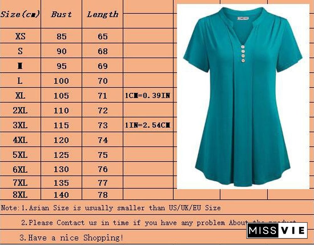 Womens Fashion Clothing Spring Summer Tops for Women Casual Solid Short Sleeved Tops Deep V-neck Button Shirts Chemise Femme Ladies Loose Blouse Plus Size Cotton Silk T-shirt