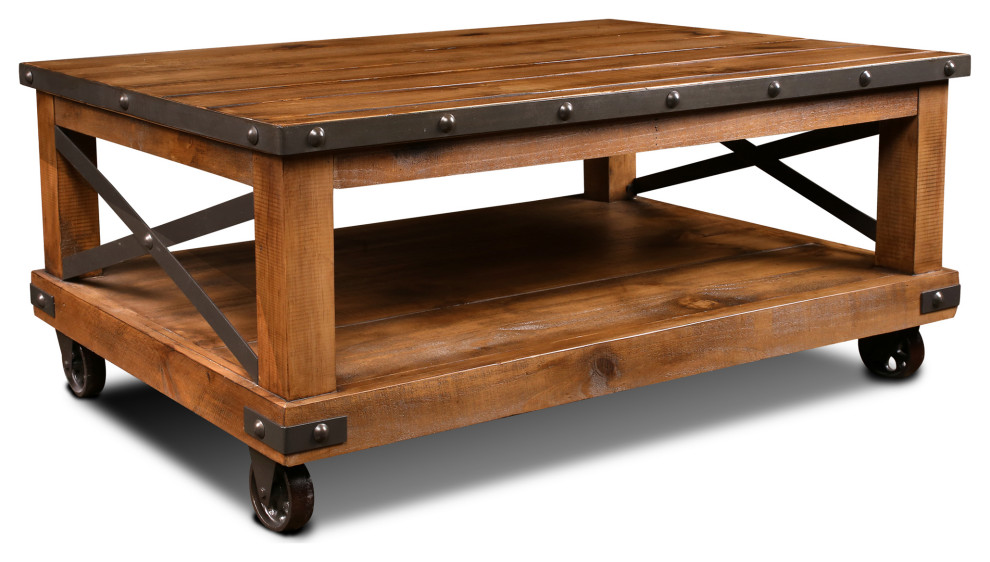 Larson Cross Bar Coffee Table with Caster Wheels   Industrial   Coffee Tables   by Crafters and Weavers  Houzz