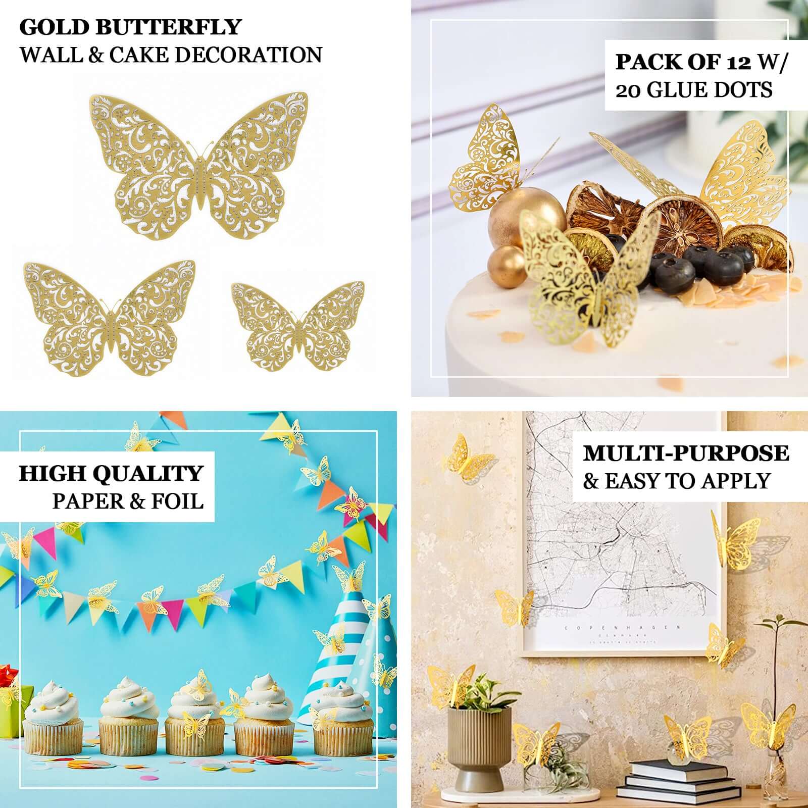 12 Pack 3D Gold Butterfly Wall Decals, DIY Mural Stickers, Metallic Butterfly Cake Decorations