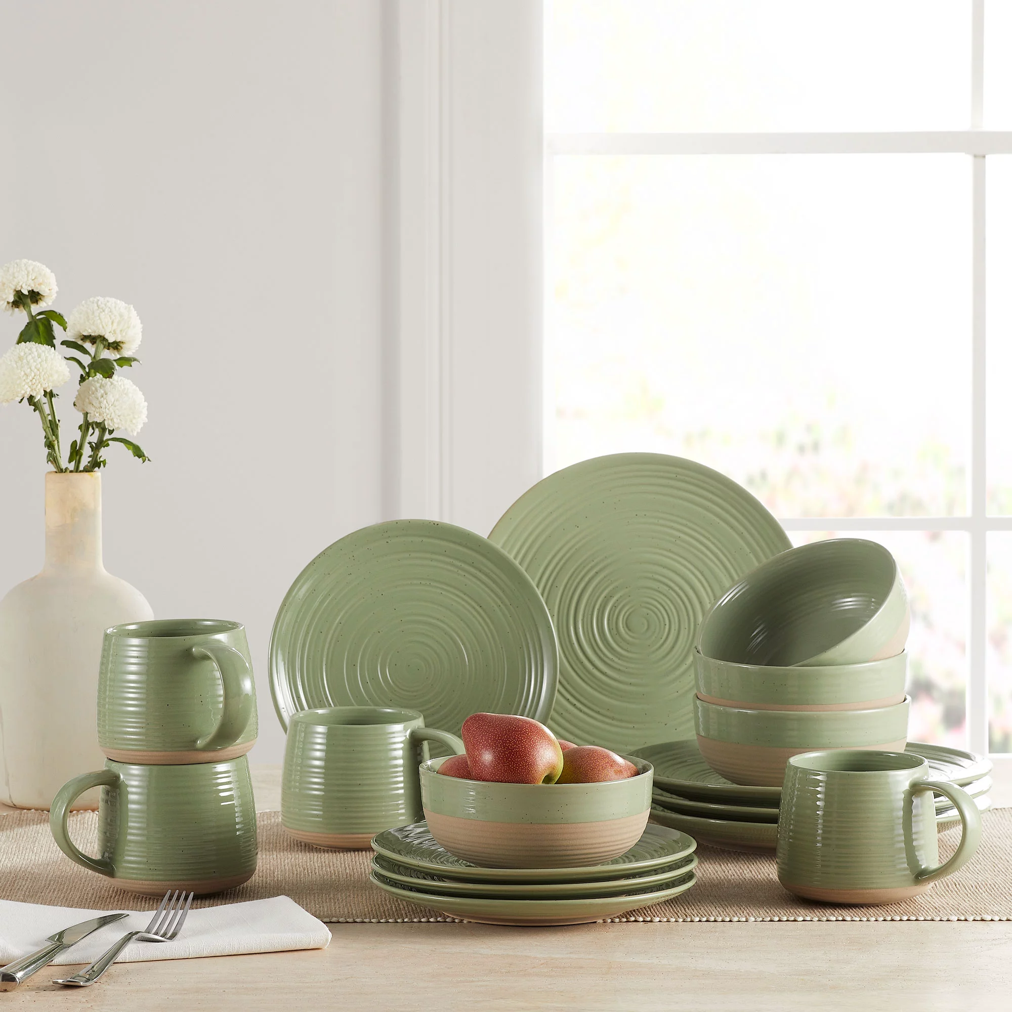 Better Homes and Gardens Artisanal Clay Stoneware 16-Piece Dining Set， Sage Green