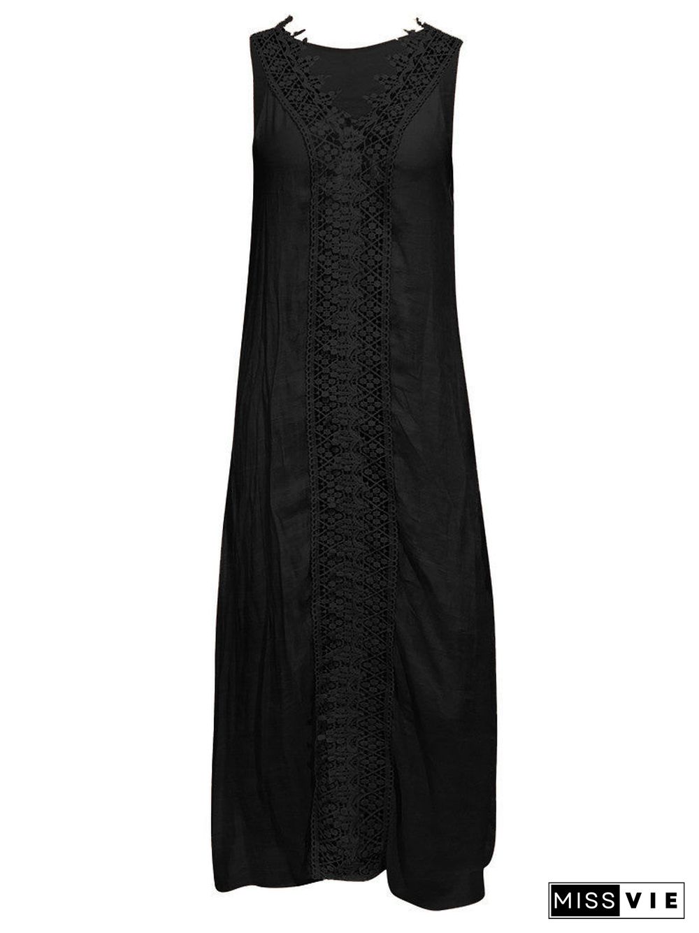 Women Sleeveless V-neck Solid Lace Stitching Maxi Dress