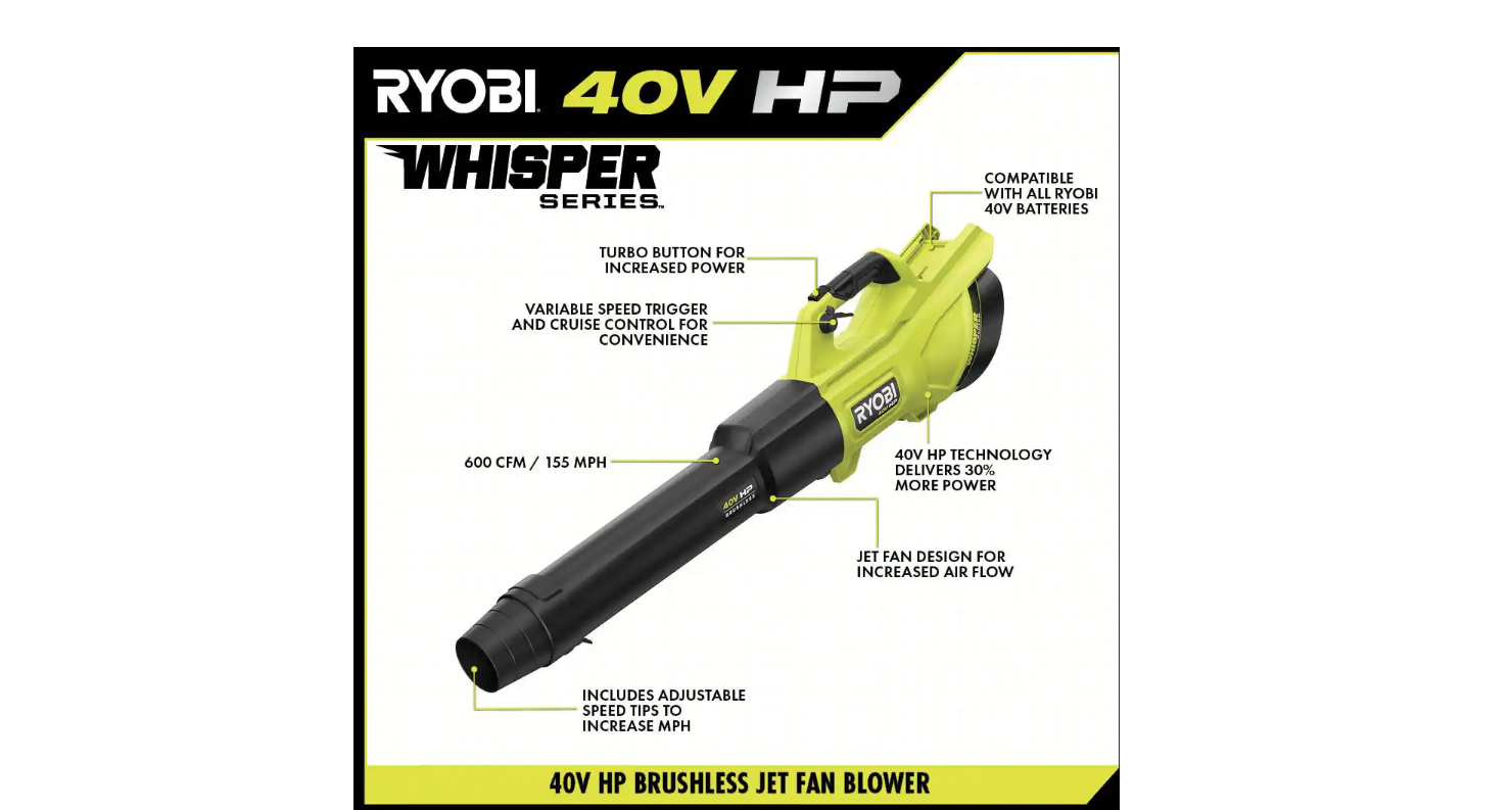 RYOBI RY404130VNM 40V HP Brushless Whisper Series 155 MPH 600 CFM Cordless Battery Leaf Blower with 4.0 Ah Battery and Charger