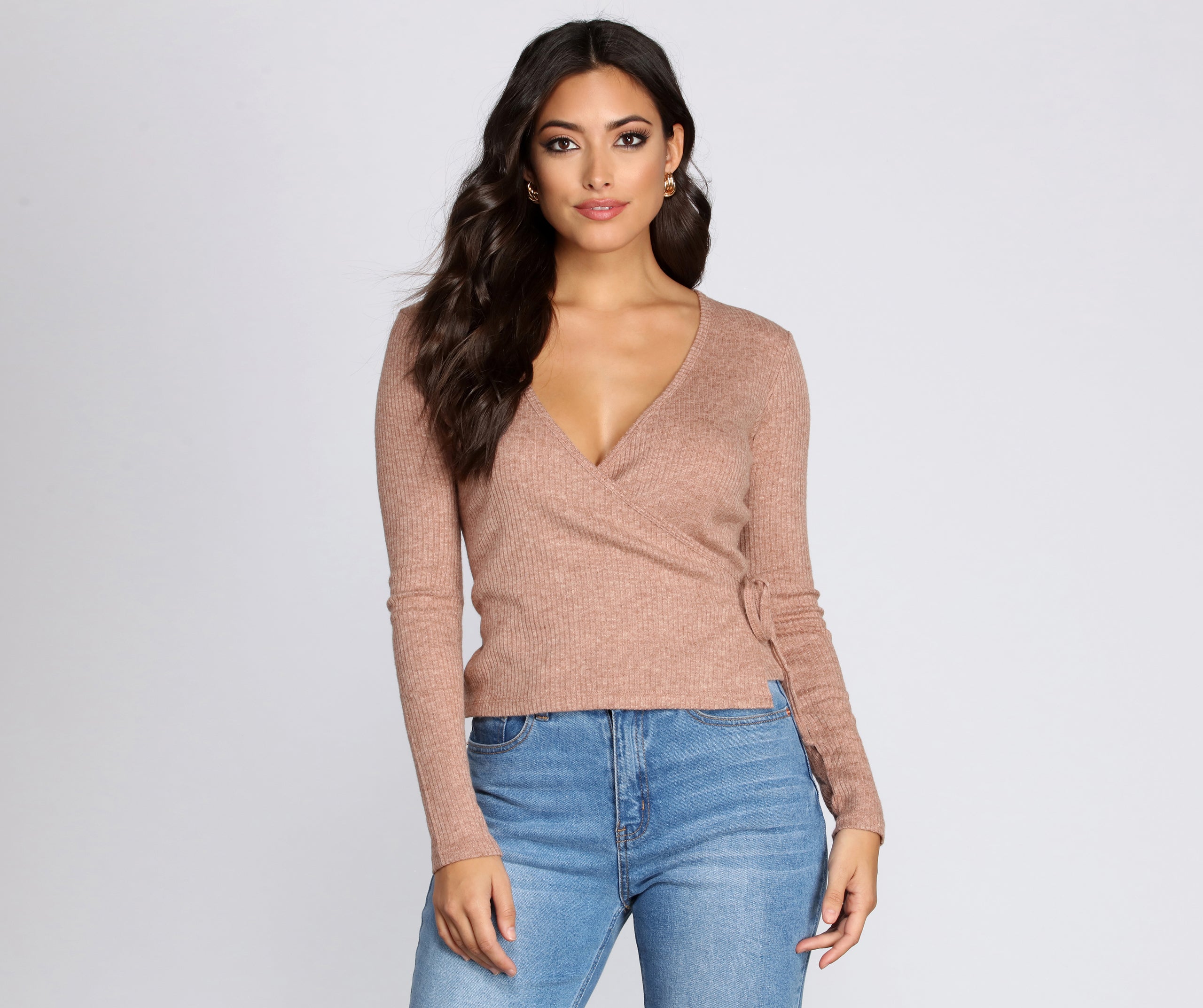 Ribbed Knit Tie Front Wrap Top