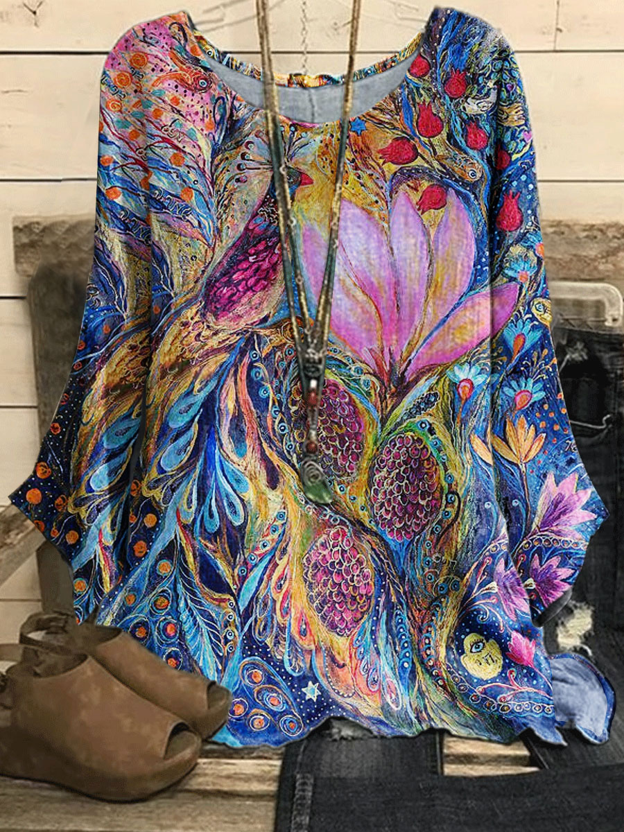 Round Neck Casual Loose Peacock Floral Print Long Sleeve Blouse