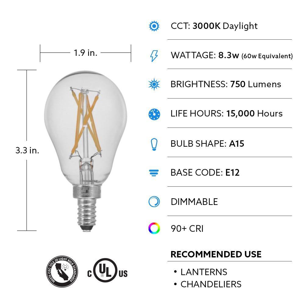 Feit Electric 60-Watt Equivalent A15 E12 Candelabra Dimmable CEC Clear Glass LED Ceiling Fan Light Bulb in Daylight (2-Pack) BPA1560C950CAFIL2