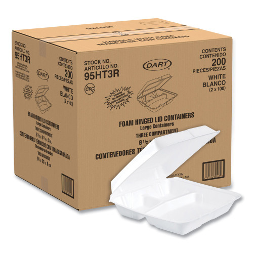 Dart Foam Hinged Lid Containers， 3-Compartment， 9.25 x 9.5 x 3， White， 200/Carton (95HT3R)