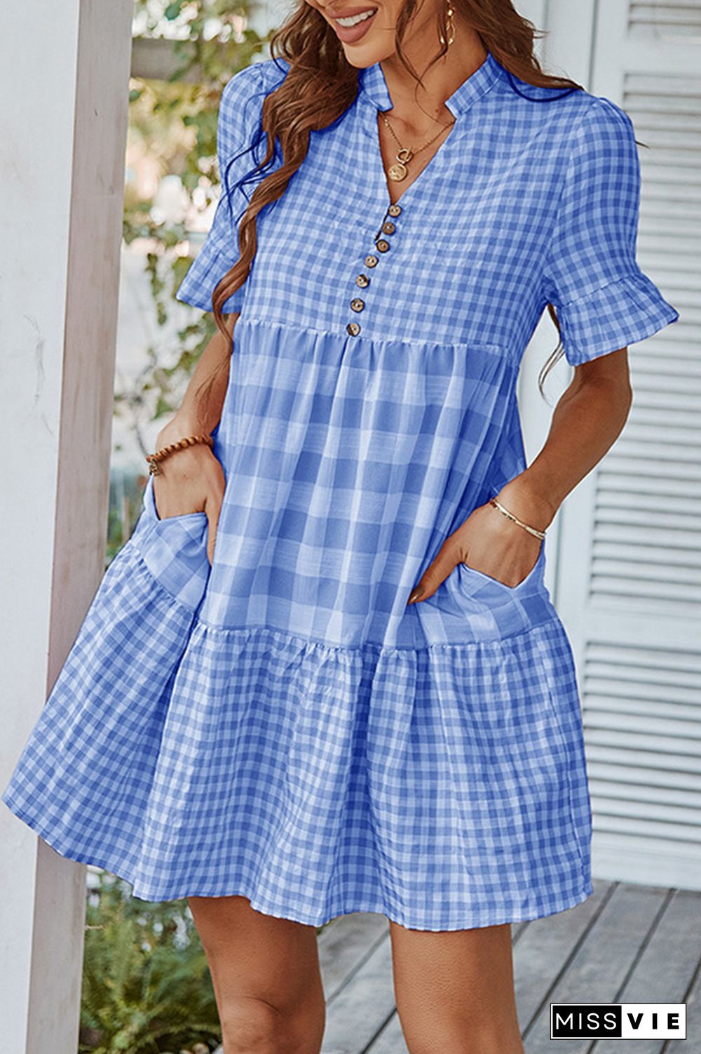 Stripe Print Buttons V-neck Short Sleeve Mini Dress Wholesale