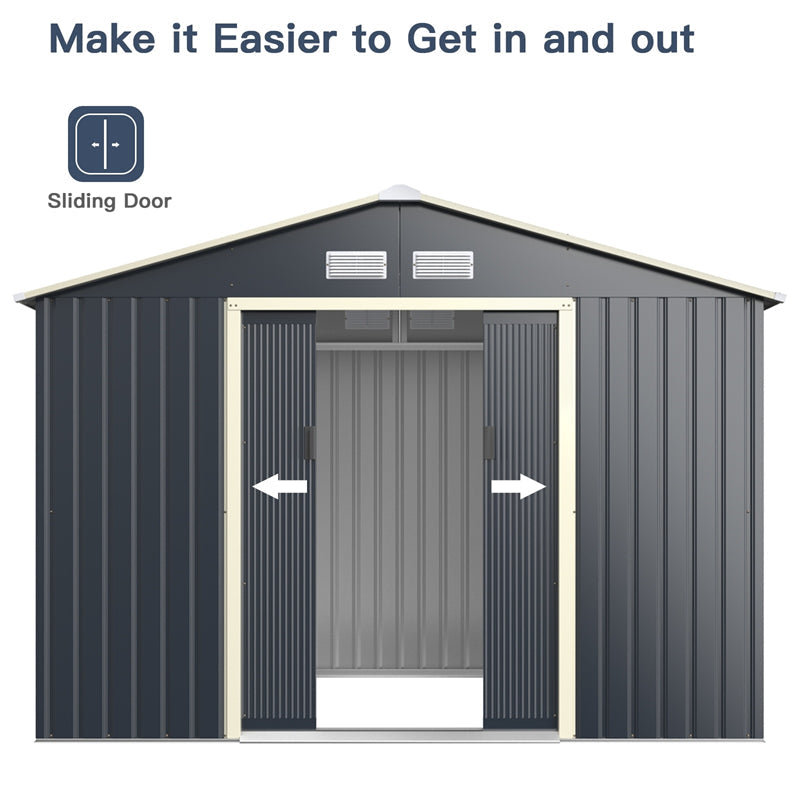 9 x 6 FT Outdoor Metal Storage Shed with 4 Air Vents & Sliding Double Lockable Doors, Backyard Tool Shed Garden Storage House