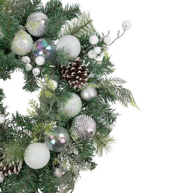 Northlight Green Pine Artificial Christmas Wreath With Berries And Iridescent Ornaments 24 inch