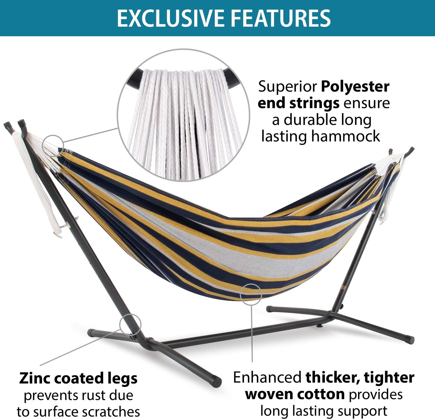 Double Cotton Hammock with Space Saving Steel Stand, Tropical (450 lb Capacity - Premium Carry Bag Included)