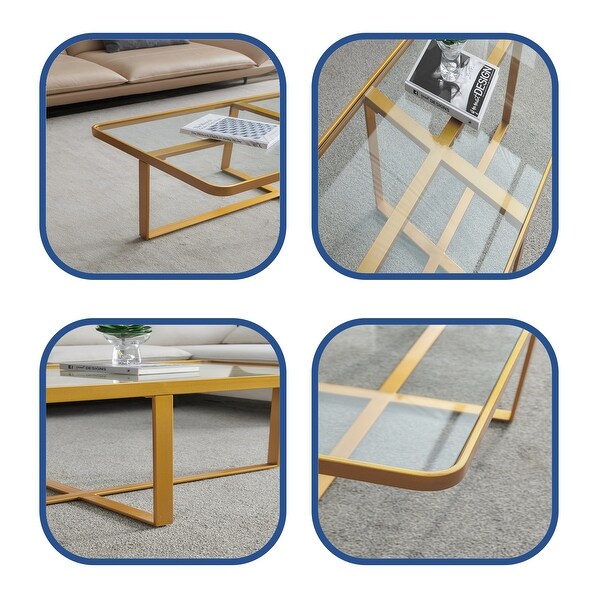 End Table Coffee Table Golden Metal Frame with Tempered Glass Tabletop