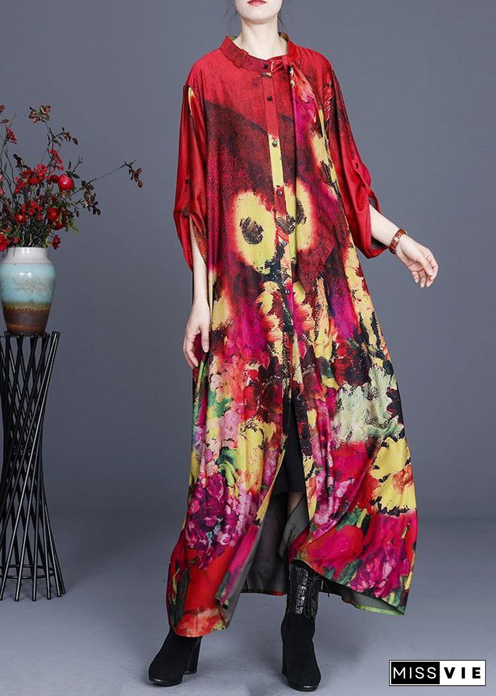 Fine Red Print asymmetrical design Long Summer Spring Dress