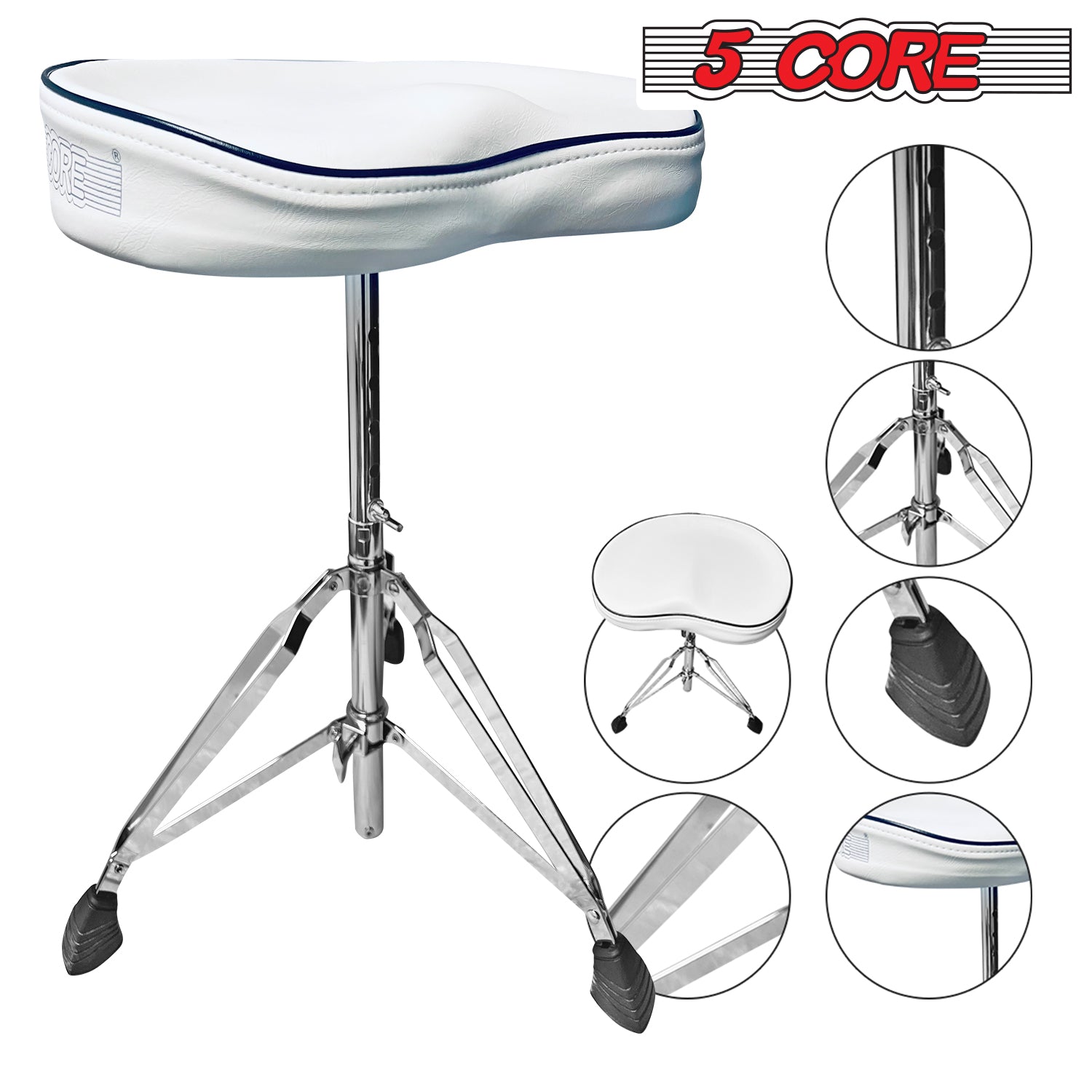 5 Core Drum Throne Saddle White| Height Adjustable Padded Comfortable Drum Seat with Two Drumsticks| Stools Chair Style with Double Braced Anti-Slip Feet, Comfortable Seat for Drummers, Guitar Players- DS CH WH SDL