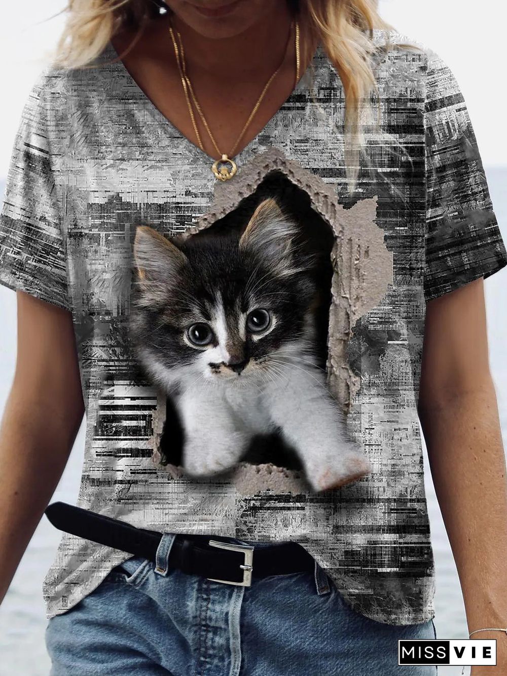 Women'S T-Shirts Cat Print V-Neck Short Sleeve T-Shirt