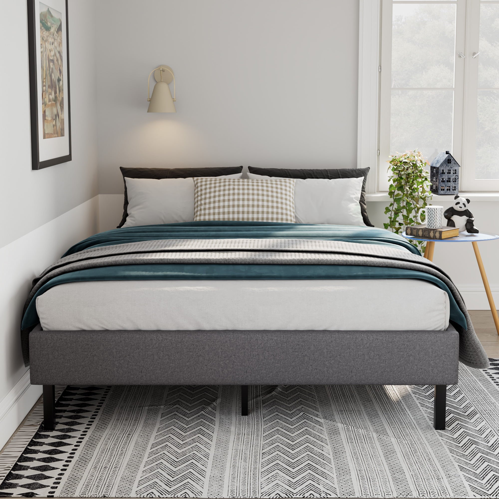 SHA CERLIN Queen Size Upholstered Platform Bed Frame with Straight Wooden Slats Support, Dark Grey