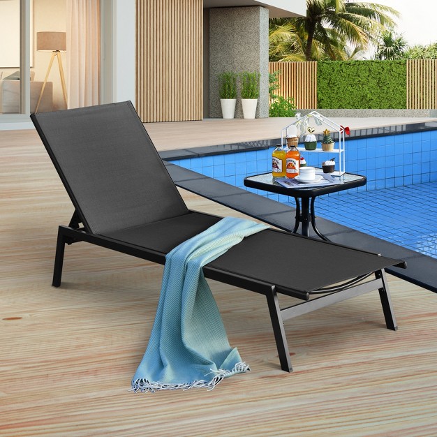 Tangkula Patio Chaise Lounger With 6 postion Adjustable Backrest And Breathable Fabric Black