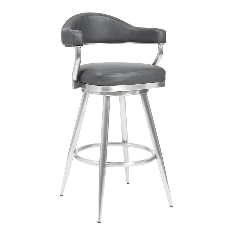 26 Inch Vegan Faux Leather Metal Counter Stool， Gray， Silver