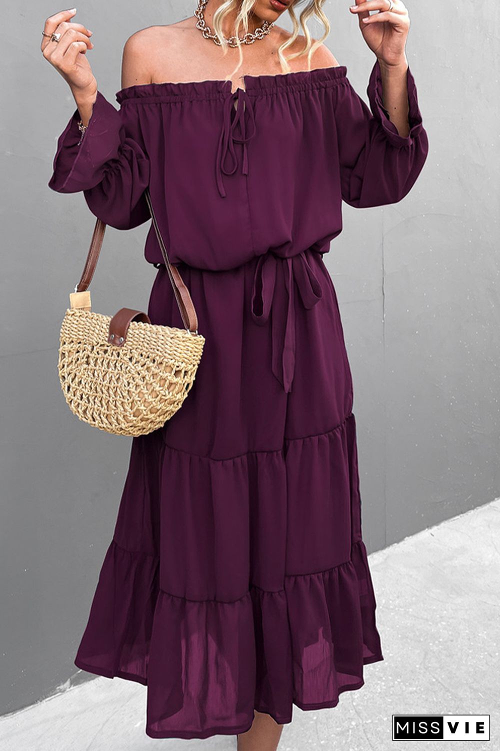 Solid Color Off Shoulder Ruffle Long Sleeves Dress Wholesale